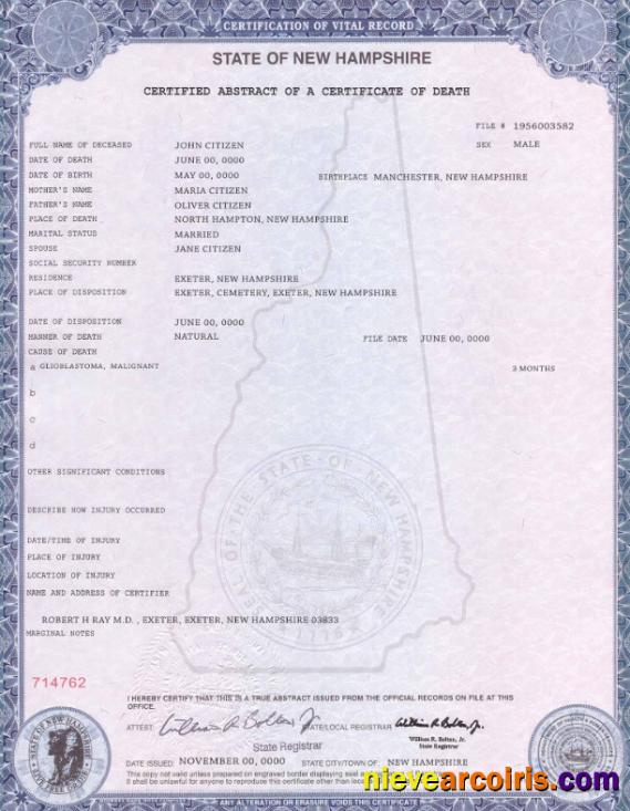 USA state New Hampshire death certificate